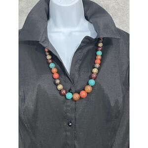 VTG Beaded Statement Necklace 28" Boho Gold Turquoise Butterscotch Beads